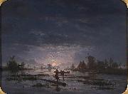 Jacob Abels An Extensive River Scene with Fishermen at Night Spain oil painting artist